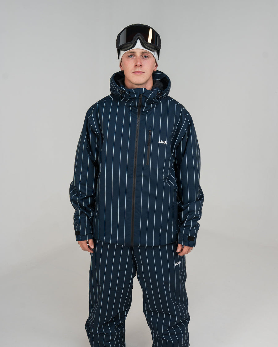 BUSI Core Jacket Pinstripe snowboard and ski jacket, front view on male model