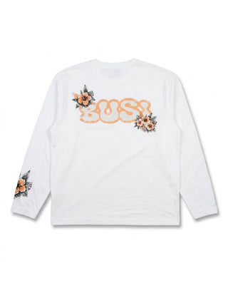 White long-sleeve shirt with floral designs and 'BUSI' text on a white background