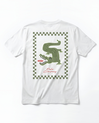 White t-shirt with a green alligator graphic and text on a white background