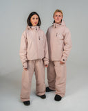 BUSI Biggie Pant Dusty Pink snowboard and ski pants, full outfit on male and female models