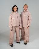BUSI Core Jacket Dusty Pink snowboard and ski jacket, full outfit on male and female models